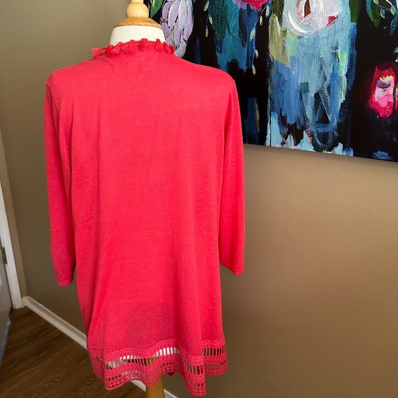 Chicos Pom Pom Fringe Watermelon Red Cardigan Size 2 (L) - Picture 3 of 9